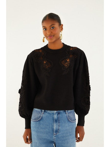 LACE KNIT SWEATER - Black