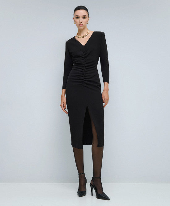 MIDI DRESS WITH RUCHING- Black