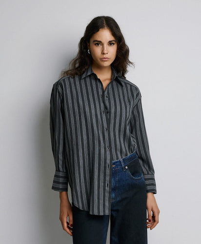 STRIPED SHIRT WITH RHINESTONES- White