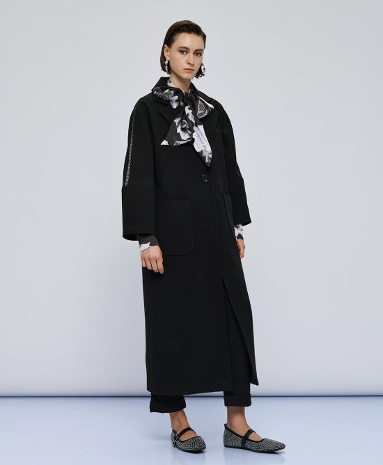LONG COAT WITH TRIM- Black