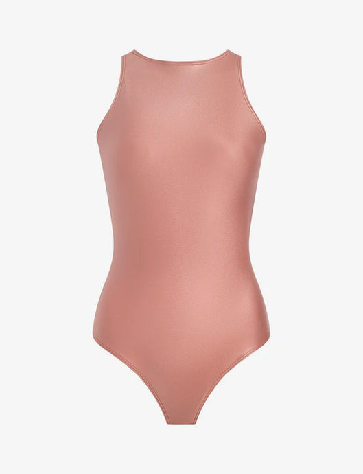 MATTE METALLIC CREW TANK BODYSUIT-Desert Rose