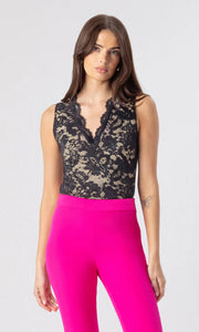 LELIA STRETCH LACE TOP - Black/Beige