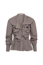RUFFLE STRIPE BLOUSE - Coffee