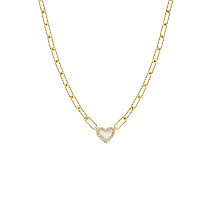 PAVE HEART PAPERCLIP NECKLACE - Mother of Pearl