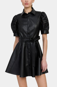 NELLY MINI SHIRT DRESS - Black Faux Leather