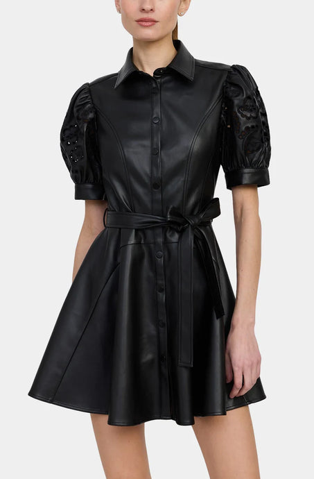 NELLY MINI SHIRT DRESS - Black Faux Leather