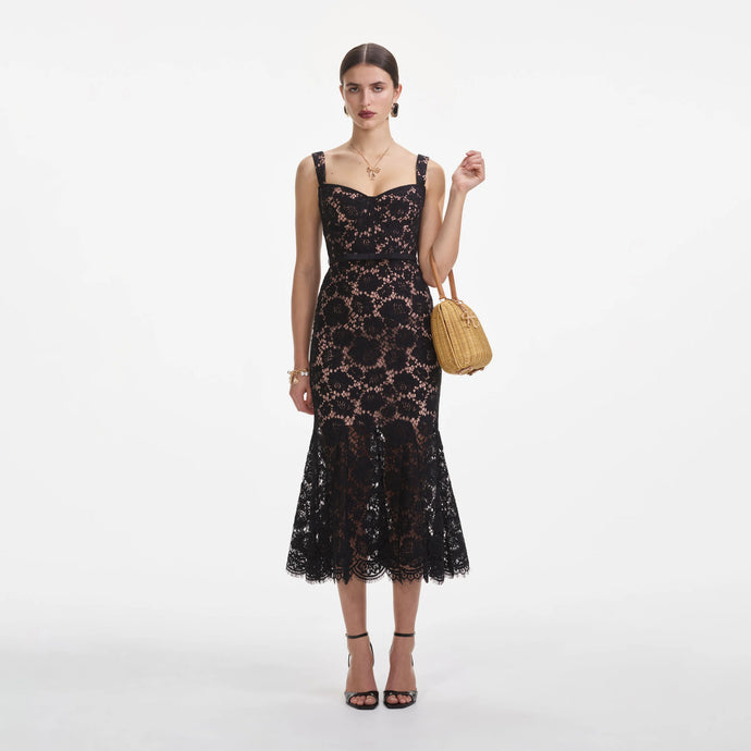 BLACK FINE LACE MIDI DRESS