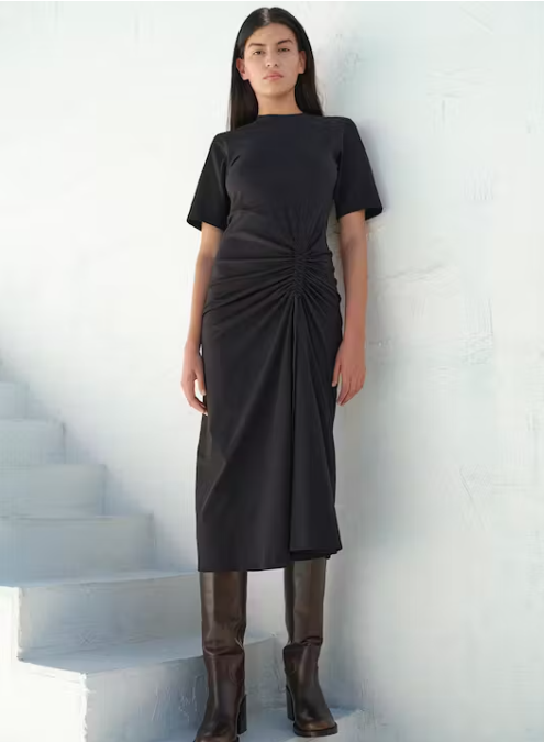 RUCHED FRONT TIE DRESS - Black