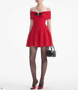 RED KNIT BOW MINI DRESS