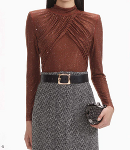 BROWN RHINESTONE MESH TOP