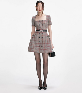 BROWN CHECK SHORT SELEVE MINI DRESS
