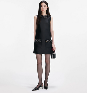 BLACK TAFFETA EMBLISSHED TRIM MINI DRESS
