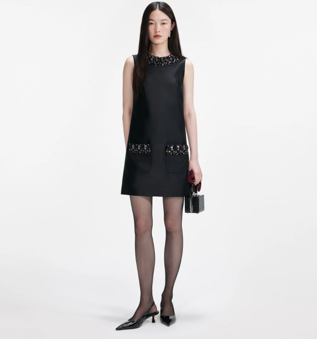 BLACK TAFFETA EMBLISSHED TRIM MINI DRESS