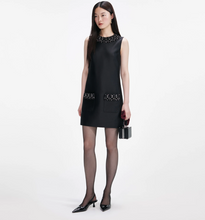 BLACK TAFFETA EMBLISSHED TRIM MINI DRESS