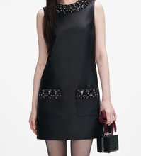 BLACK TAFFETA EMBLISSHED TRIM MINI DRESS