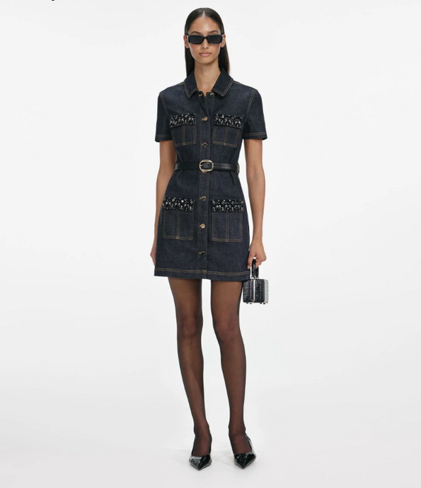 INDIGO DENIM CRYSTAL TRIM MINI DRESS