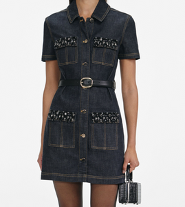 INDIGO DENIM CRYSTAL TRIM MINI DRESS