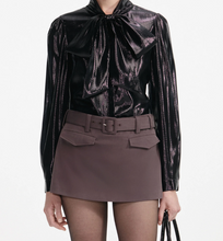 BLACK METALLIC PUSSY BOW BLOUSE