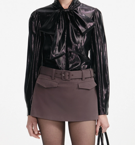 BLACK METALLIC PUSSY BOW BLOUSE