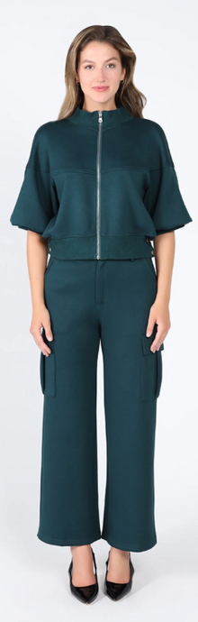SPLIT SIDE PUFF SLEEVE ZIP-UP - Hunter Green