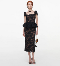 LACE PEPLUM MIDI DRESS - Black
