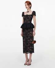 LACE PEPLUM MIDI DRESS - Black