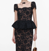 LACE PEPLUM MIDI DRESS - Black