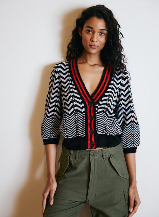 CHEVRON STITCH CARDIGAN- Black Combo