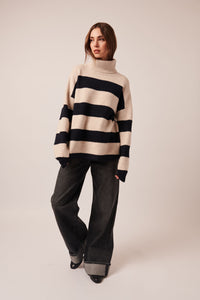 BRONX STRIPED TURTLENECK - Ivory and Black Stripe