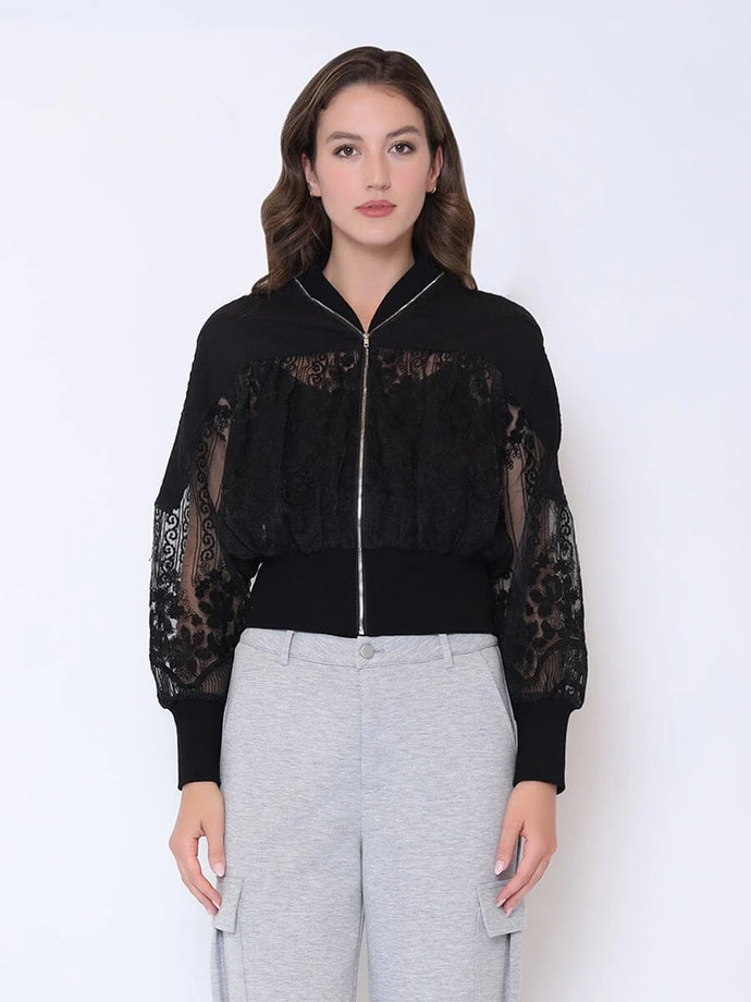 PATCHWORK LACE EMBROIDERED ZIP UP JACKET-Black