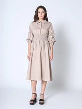 RUCHED PUFF SLEVE MIDI DRESS - Taupe