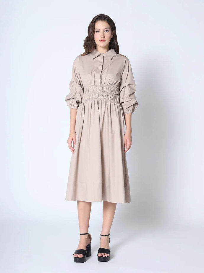 RUCHED PUFF SLEVE MIDI DRESS - Taupe