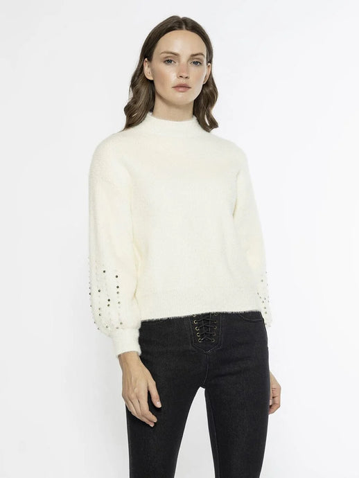 PEARL SLEEVE DETAIL SWEATER - Cream