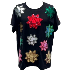 METALLIC PRESENT BOWS TEE - Black