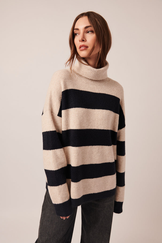 BRONX STRIPED TURTLENECK - Ivory and Black Stripe